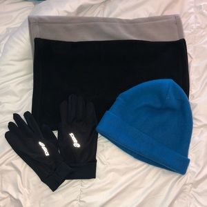 Fleece gaiters, turtle fur hat, ASICS gloves
